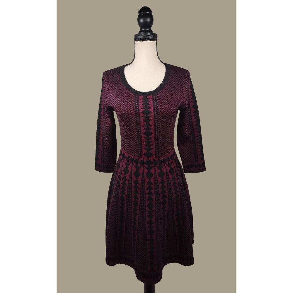 Nina Leonard Wine and Black Fit and Flare Sweater Knit Dress Size Medium NWT